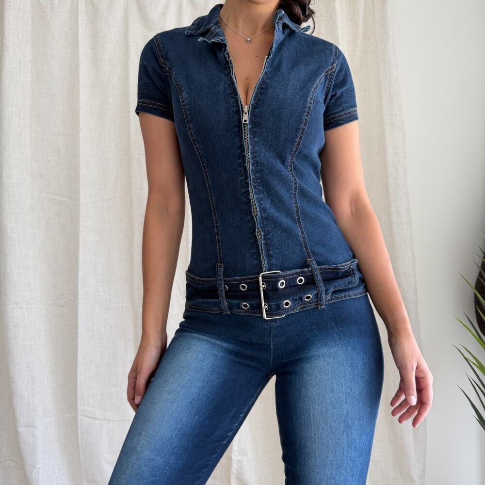 Vintage Y2K Denim Jumpsuit Medium Flare Low Rise Belted Zip Front Britney JLo - Picture 2 of 12